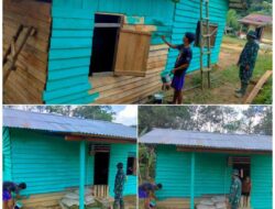 Serma Edi Bersama Anggota Satgas TMMD Imbangan ke 122 Kodim 1209/Bky,laksanakan Pengecetan Dinding Luar Rumah Tidak Layak Huni ( RTLH ) Milik Bpk Deni yanto